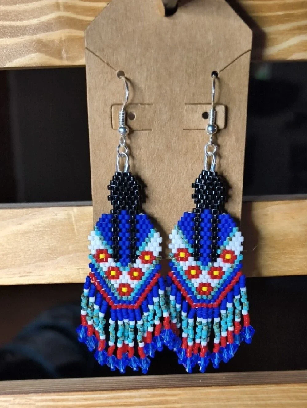 Hand Crafted Native Woman Beaded Fringe Earrings